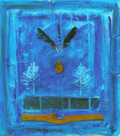 Ancient Knowledge, Collage in Blue With Feathers and Wood